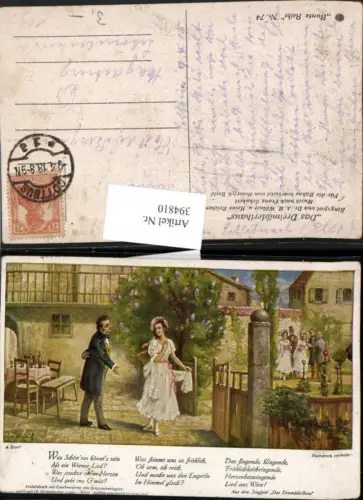 394810,Künstler AK A. Broch Das Dreimäderlhaus Paar Frau m. Kleid Text