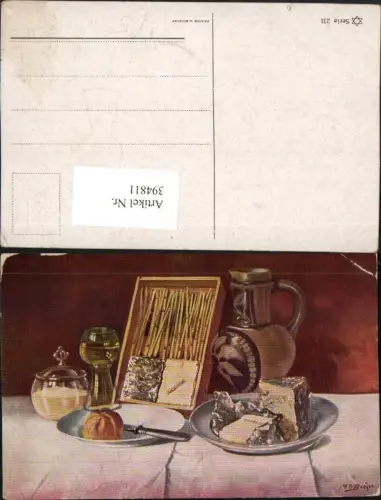 394811,Künstler AK M. O. Bisen Stillleben Wein Krug Semmel Teller