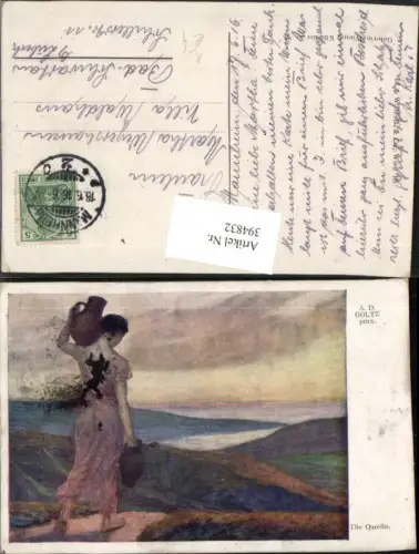 394832,Künstler AK A. d. Goltz Die Quelle Frau Wasserträgerin Krüge