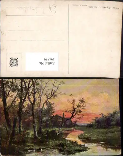 394839,Künstler AK T. Guggenberger Landschaft Bach Haus Bäume