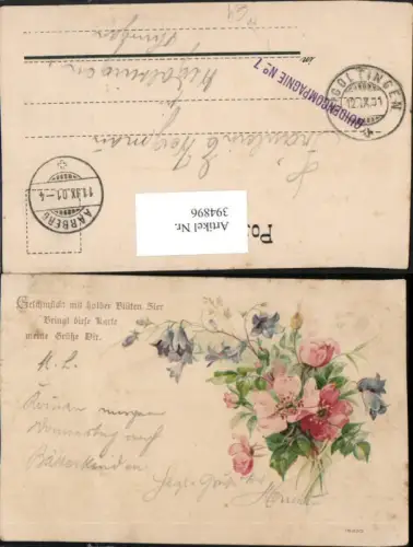 394896,Künstler AK Glockenblumen Blumen Blüten Spruch Feldpost Guidencompagnie 7