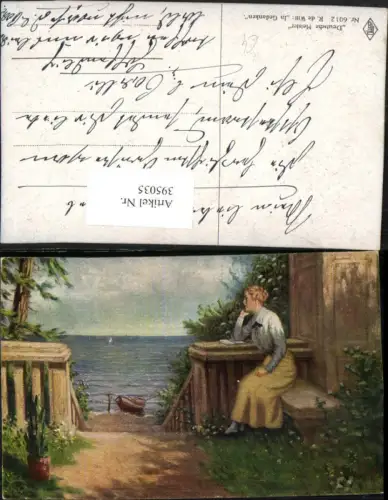 395035,Künstler AK R. De Witt In Gedanken Frau m. Buch Strand Boot