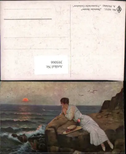 395066,Künstler AK A. Heleng Träumerische Gedanken Frau m. Kleid Hut Küste