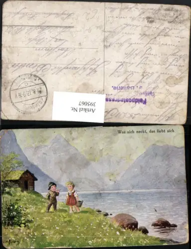 395067,Künstler AK Ad. Hofmann Kinder Pfeife Ufer See Bergkulisse