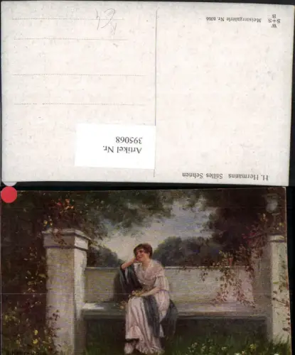 395068,Künstler AK H. Hermanns Stilles Sehnen Frau m. Kleid Bank Blumen