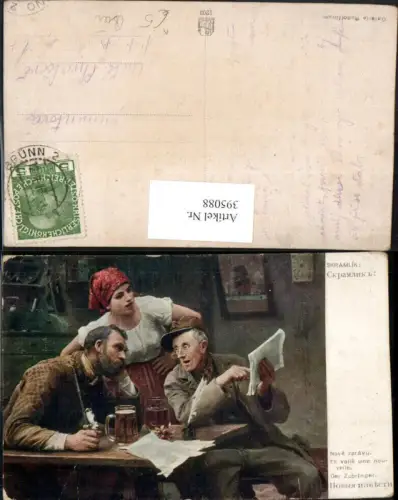 395088,Künstler AK Skramlik Der Zubringer Männer Mütze Pfeife Bier Feder Tinte