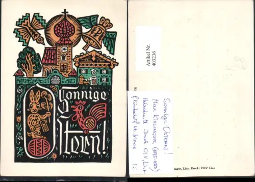 403236,Künstler AK Max Kislinger Holzschnitt Ostern Kirche Glocke Vogel Osterhase Huhn