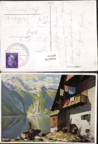 403313,Künstler AK F. Blädel Bergsee See Haus Brunnen Bergkulisse