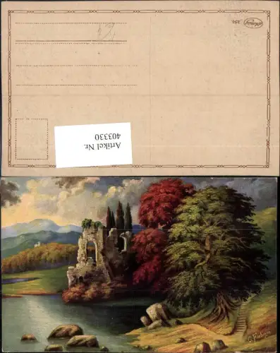403330,Künstler AK G. Fiebiger Landschaft See Bäume Ruine