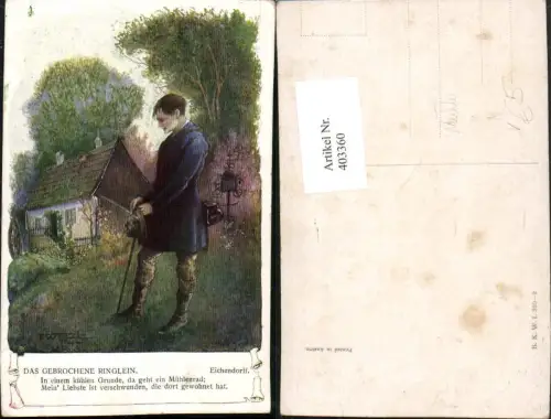 403360,Künstler AK T. Welzl Das gebrochene Ringlein Wanderer Wassermühle Mühle