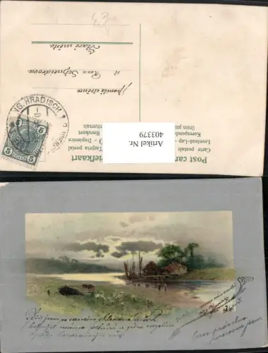 403379,Künstler AK Landschaft See Boot