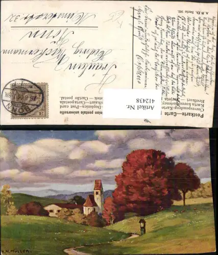 412438,Künstler AK K. H. Müller Landschaft Dorf Kirche