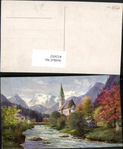 412452,Künstler AK H. Kiekebusch Landschaft Kirche Fluss Bergkulisse