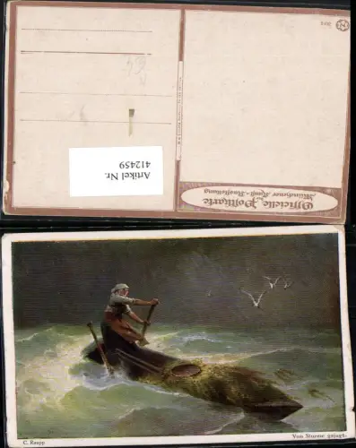 412459,Künstler AK C. Raupp Vom Sturme gejagt Meer Boot Möwen