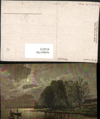 412472,Künstler AK E. H. Lorenz Mitternacht Landschaft See Boote Mondschein