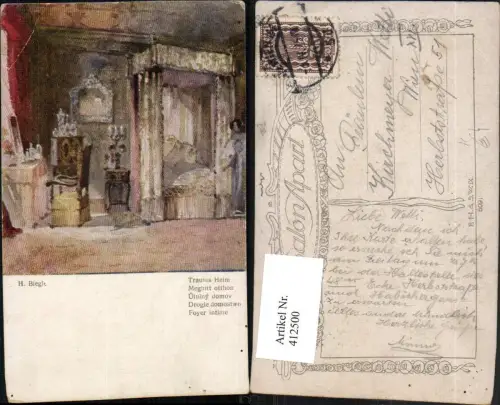 412500,Künstler AK H. Bieglt Trautes Heim Zimmer Bett