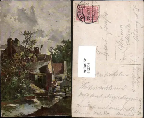 412502,Künstler AK T. Guggenberger Häuser Bach Brücke