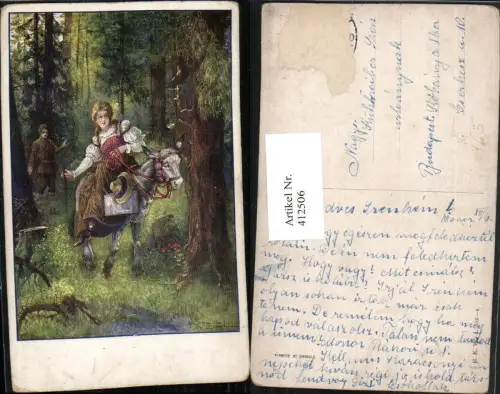 412506,Künstler AK T. Welzl Frau in Tracht Esel Wald Voyeurismus pub B.K.W.I. 252euro4