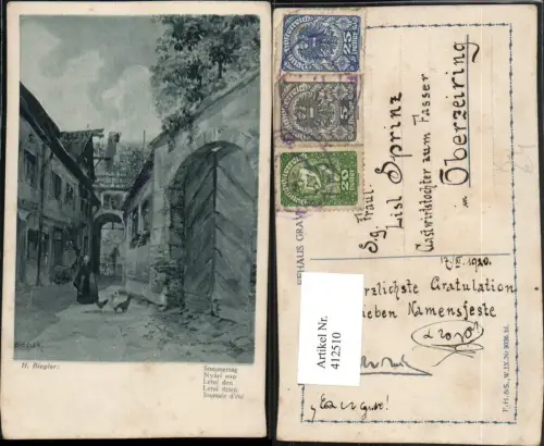 412510,Künstler AK H. Biegler Sommertag Dorf Gasse Straße