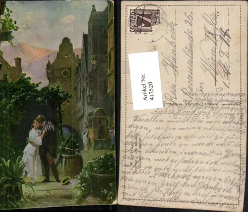 412520,Künstler AK K. Spitzweg Abschied Stadtmotiv Liebe Paar Kutsche