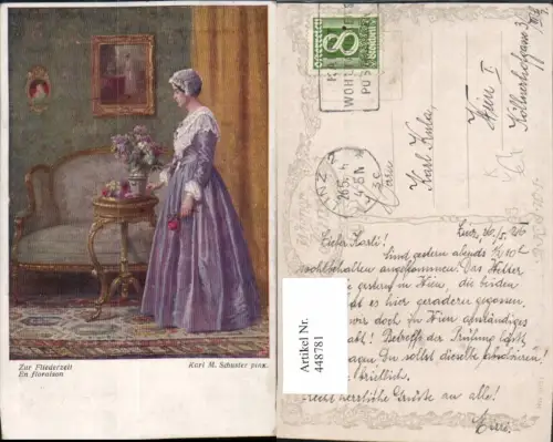 448781,Künstler AK Karl M. Schuster Zur Fliederzeit Frau Kleid pub B.K.W.I. 2021