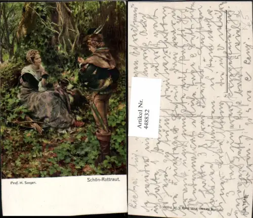 448832,Künstler AK H. Seeger Schön-Rottraut Frau Kleid Hund Mann Schwert