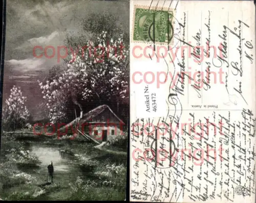 463472,Künstler AK Landschaft Haus Baumblüte