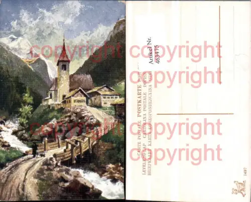 463475,Künstler AK Dorf Kirche Brücke Bergkulisse
