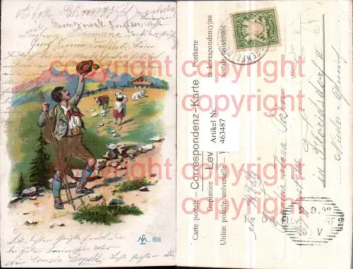 463487,Künstler AK Goldverzierung Maximilian Lenz Wanderer Almhütte Bergkulisse