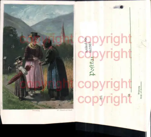 463503,Künstler AK H. Lindenschmit Sonntag Frauen Kind Tracht Schirm