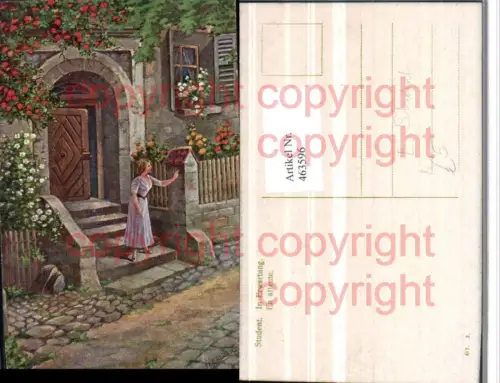 463596,Künstler AK E. Student In Erwartung Frau Kleid Tür
