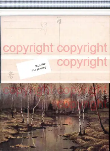 469076,Künstler AK Landschaft Wald Birken Bach