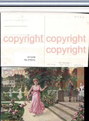 469118,Künstler AK Doppelspiel Terrasse Frau Kleid Spiel Stab Ring
