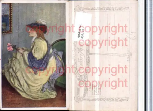 469197,Künstler AK F. Niebler In Erwartung Frau Kleid Hut Rose