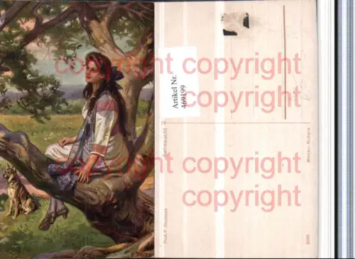 469199,Künstler AK F. Doubeck Sehnsucht Frau Kleid Baum Hund
