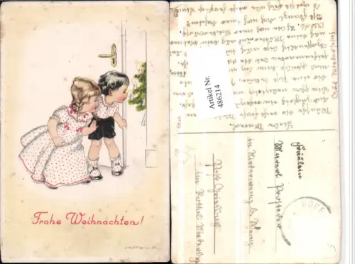 486214,Künstler AK H. Peyk Weihnachten Kinder Tür Weihnachtsbaum