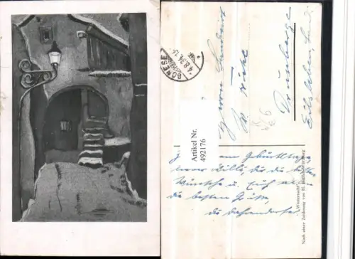 492176,Künstler AK H. Müller Würzburg Winternacht Haus Motiv Laterne
