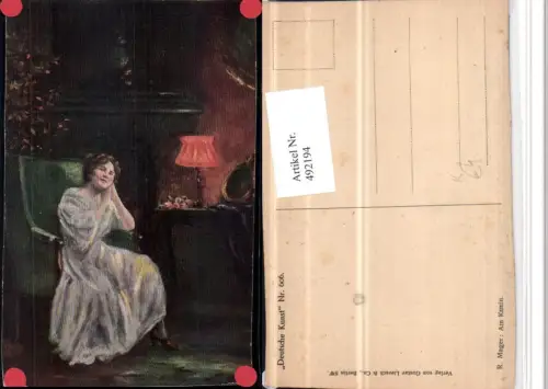 492194,Künstler AK R. Mager Am Kamin Frau Kleid Lampe Stuhl Sessel