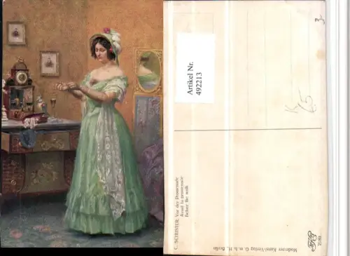 492213,Künstler AK C. Schuster Vor der Promenade Frau Kleid