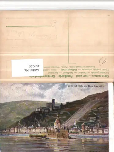 492270,Künstler AK F. Heilinger Kaub am Rhein Totale m. Pfalz u. Ruine Gutenfels