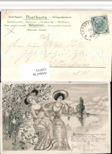 519713,Künstler Präge Litho Frauen Kleider Hüte Spruch