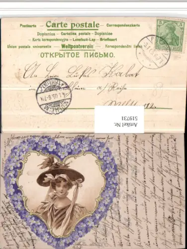 519731,Künstler Präge Litho Frau Hutmode Hut Portrait Herz Blumen