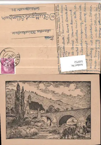 519752,Künstler AK W. Kandel Federzeichnung Kirche Brücke Rind