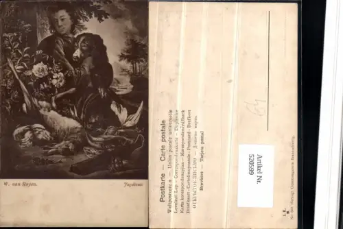 520599,Künstler AK W. Van Royen Jagdbeute Frau Hund Hase