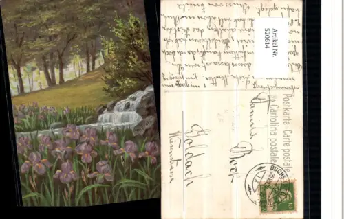 520614,Künstler AK W. Früh Landschaft Bach Wald Blumen