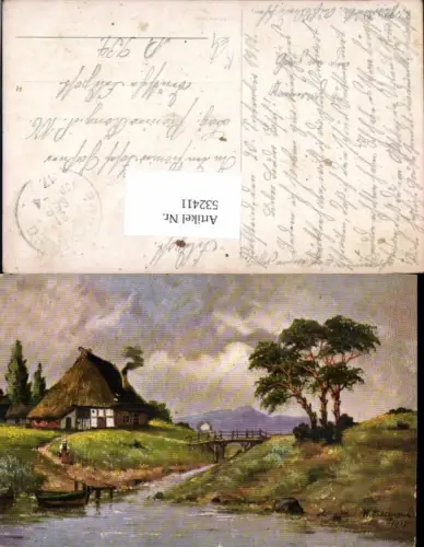 532411,Künstler AK Hugo Lissmann Dorf Boot Feldpost Probstried