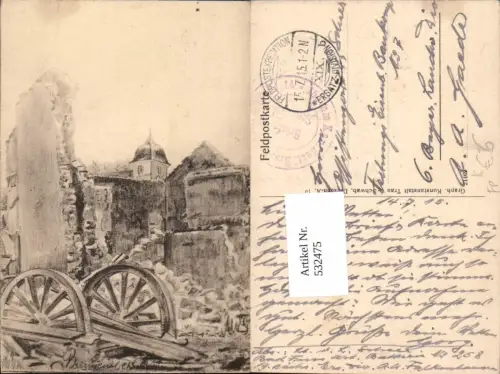 532475,Künstler AK WW1 zerstörte Ortschaft Feldpostexpedition Ers. Div. XIX