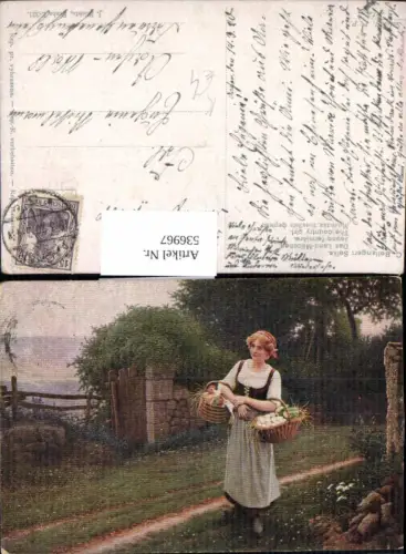 536967,Künstler AK C. Bellanger Selka Korb Essen Frau