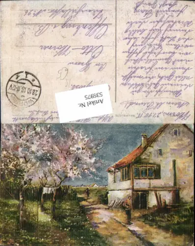 536975,Künstler AK F. Baehre Baumblüte Bauernhaus Hof Bauern