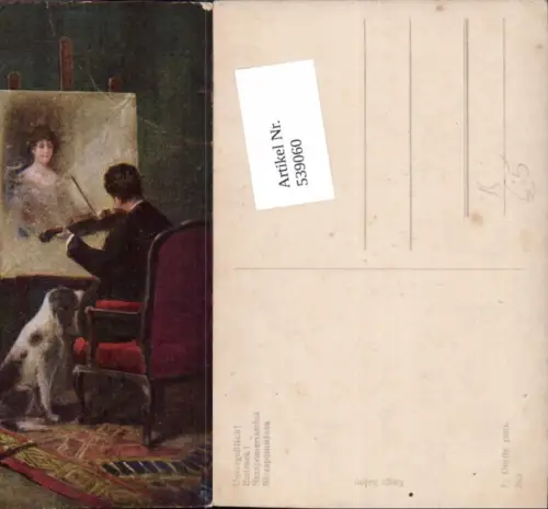 539060,Künstler AK F. Dörfle Unvergeßlich Liebe Hund Geige Musik
